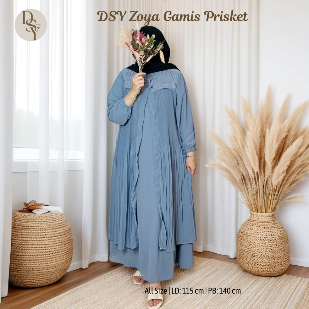 DSY Zoya Gamis Outer Wanita Muslim Ceruty Prisket Polos LD 115 PB 140 Simple Trendy Nyaman Kekinian