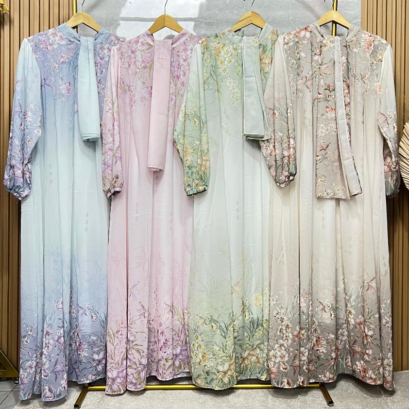 Ariandri Dress Gamis Ceruty Set Hijab Wanita Motif Bunga Lengan Panjang Jumbo Bigsize