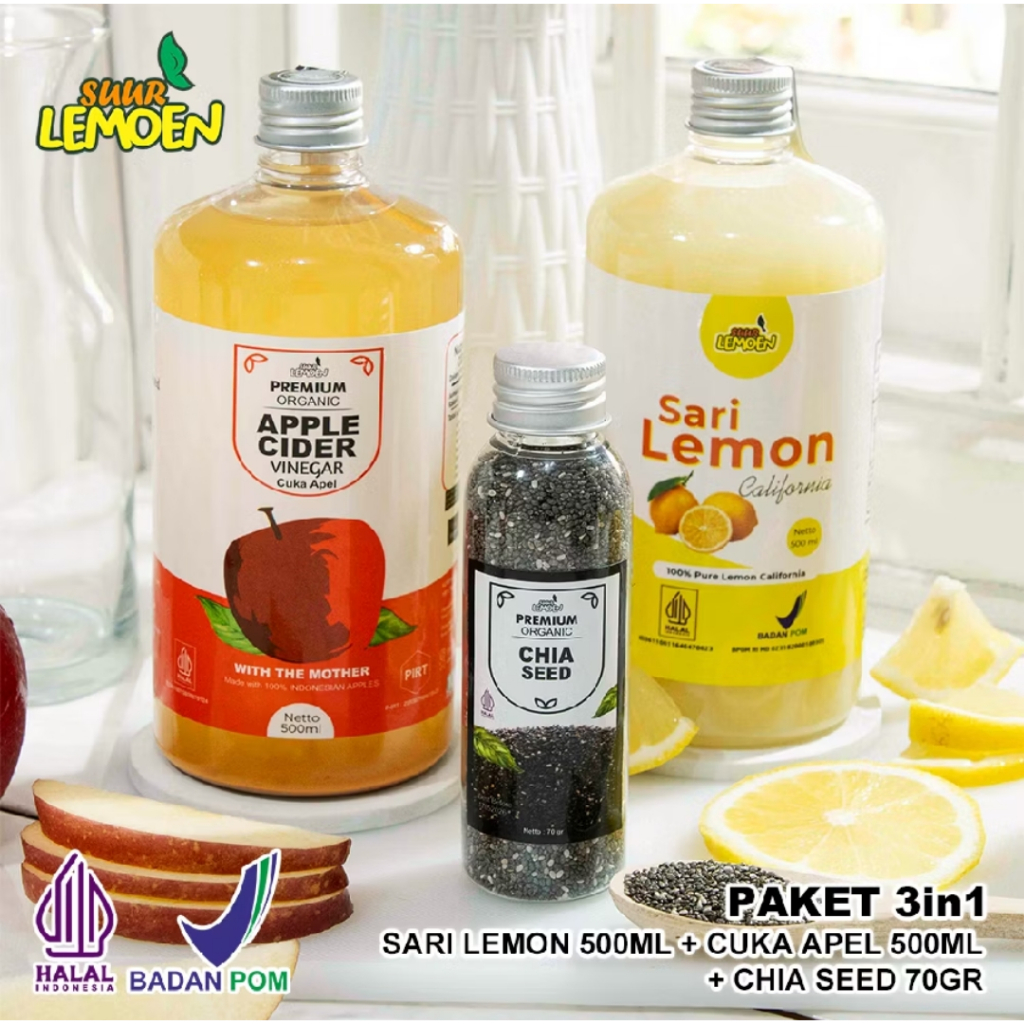 

Suur Lemoen - Paket Diet 3in1 - Cuka Apel Original 500ML, Sari Lemon Murni 500ML, Chia Seeds 70Gr