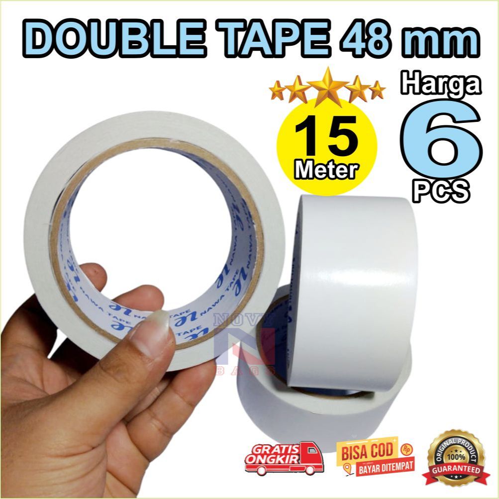 

double tape KERTAS lebar 48mm / 2 INCH panjang 15 meter real, super kuat & lengket harga untuk 6 pcs