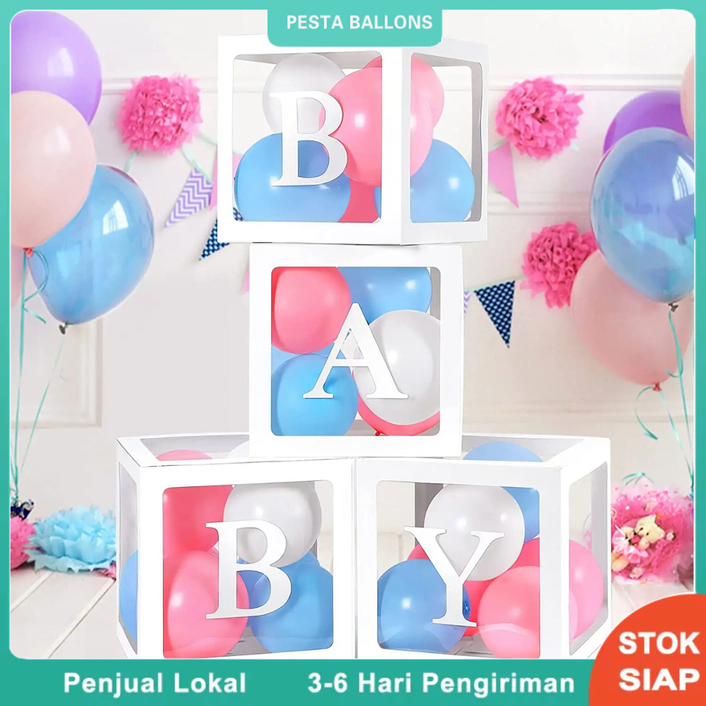 4PCS Putih Box Balon Transparan /Box Balon Dekorasi /Box Huruf Transparan BABY ONE