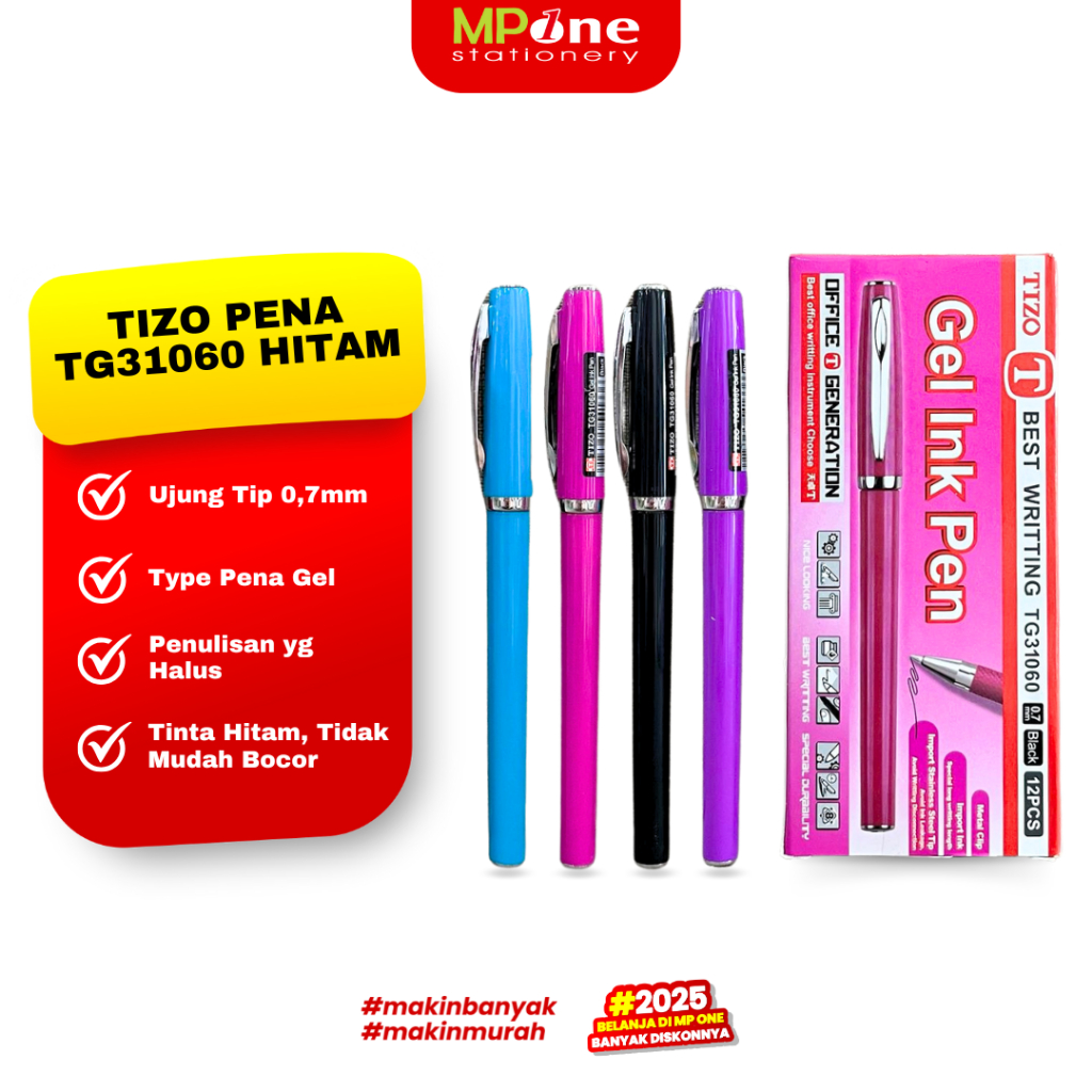 

(1 PCS) Tizo Pena Gel 0.7mm Tinta Hitam TG31060 / Pulpen Gel Ink Hitam TIZZO 1 Biji
