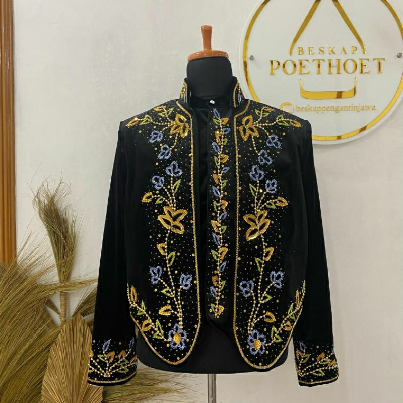 Jas beskap pengantin Jawa solo bludru hitam premium halus Payet gold denim blue bunga free selop