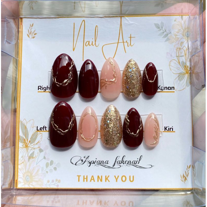 Kuku Palsu / Fake nail Dark Maroon Glitter Gold