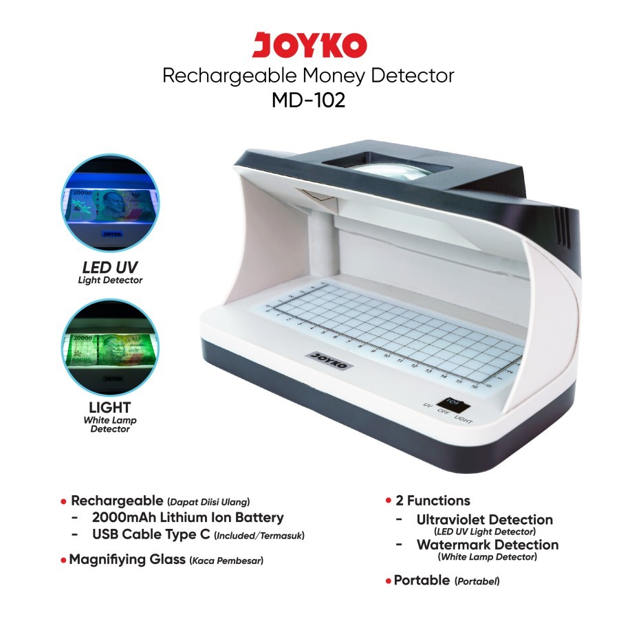 

Rechargeable Money Detector / Alat Pendeteksi Uang Palsu Joyko MD-102