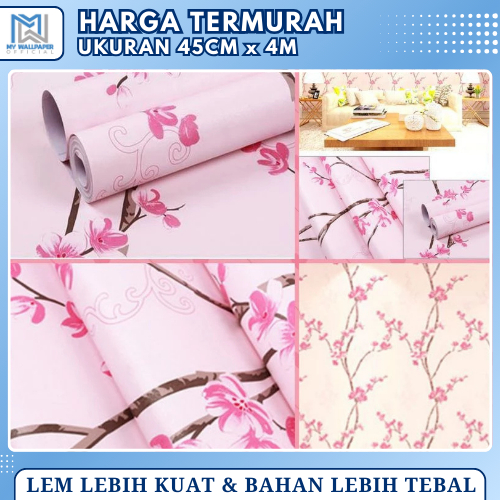 Walpaper Stiker Dinding Kamar Aesthetic Wallpaper Dinding Kamar Tidur 3D Motif Bunga Sakura Pink