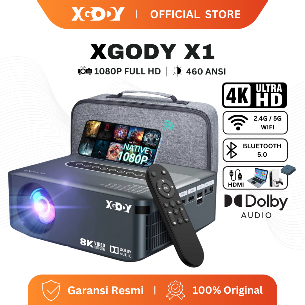 XGODY X1 Samrt Proyektor  Android Dolby Audio Netflix Youtube  4K WiFi Bluetooth  460ANSI Lumens