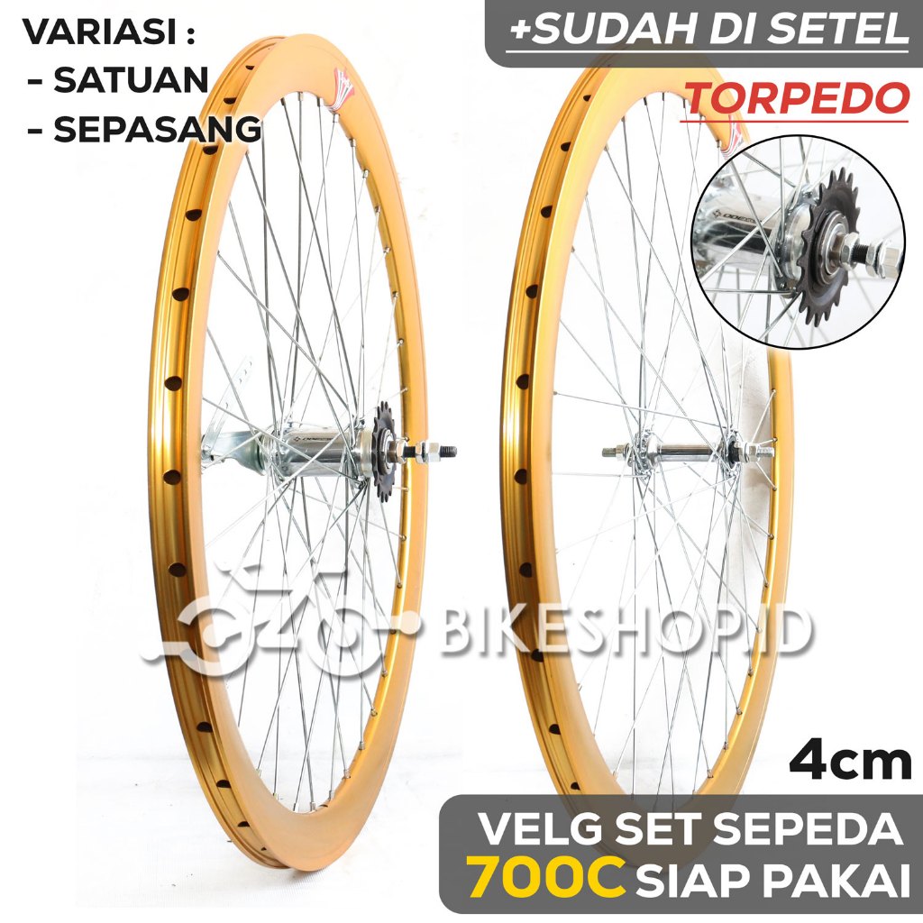 Velg Set Sepeda 700C 4CM GOLD BELAKANG TORPEDO / DEPAN Alloy Rims Roda Siap Jadi Fixie Balap Road Bi