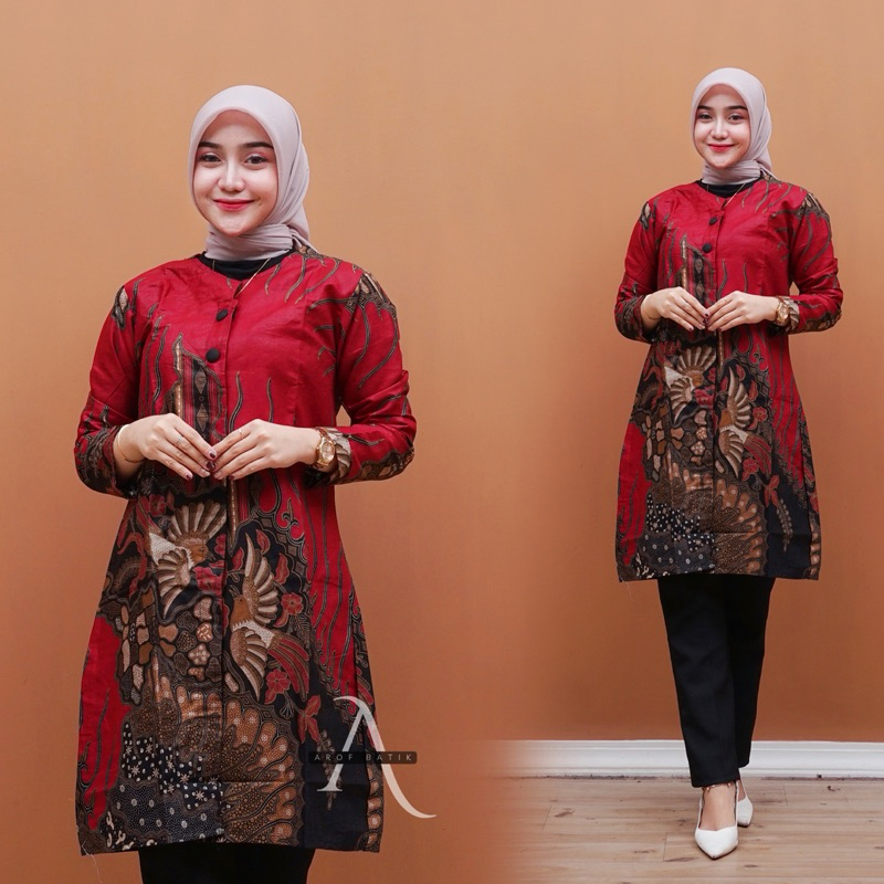 Atasan Tunik Batik Wanita Jumbo Terbaru Kancing Depan Busui