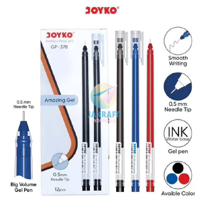 

(12 Pcs) GROSIR Gel Pen Ujung Tajam JOYKO GP-378 Amazing Hitam Black / Biru Blue / Merah Red Pulpen Ballpoint 0.5 mm Needle Tip Anti Air & Macet | PACK