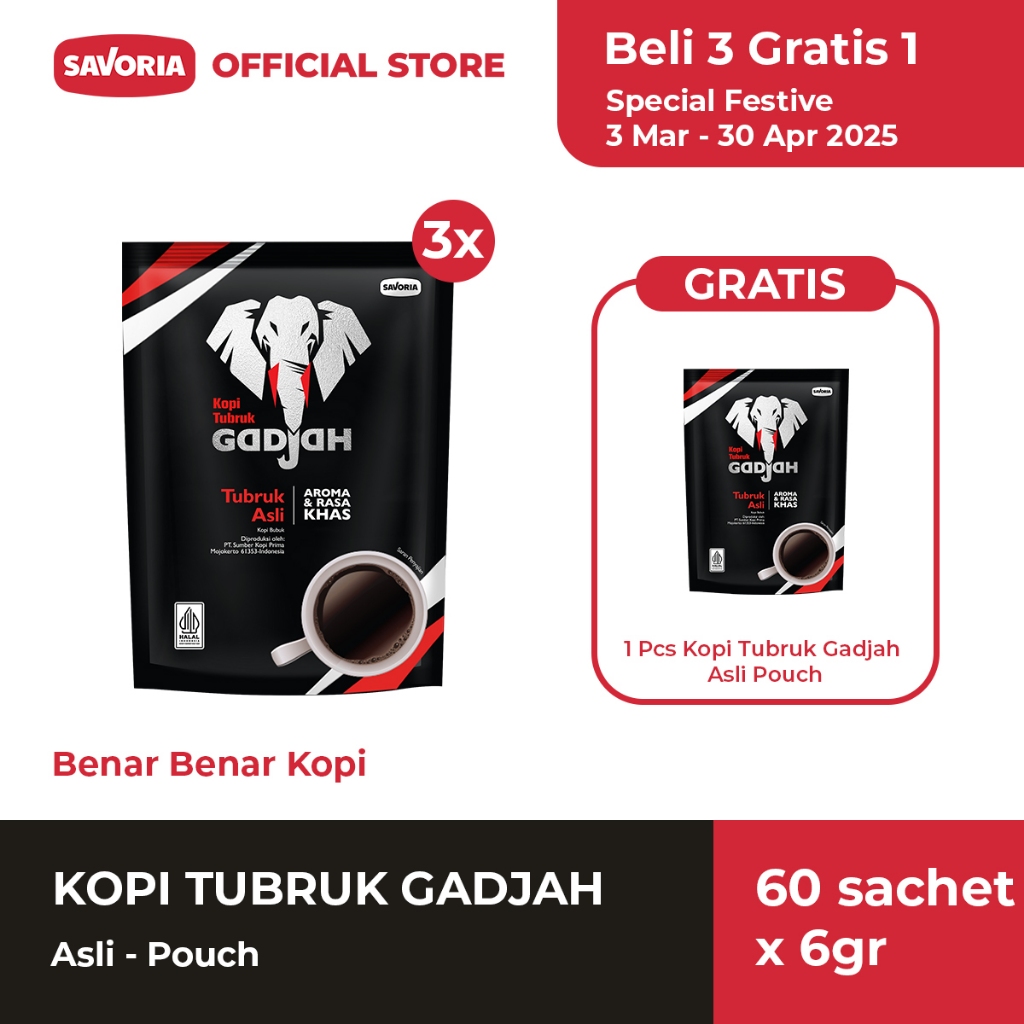 

Kopi Tubruk Gadjah Asli Pouch - 60 Sachet Gratis 20 Sachetx 6g