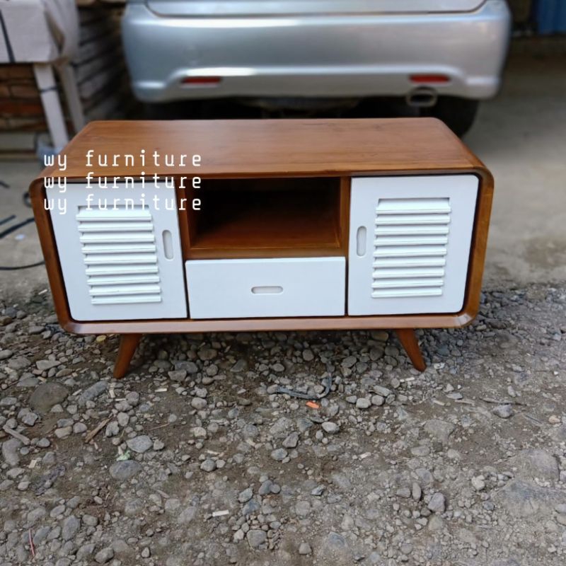 bufet tv retro minimalis kayu jati, meja tv retro kayu jati, cabinet tv kayu jati