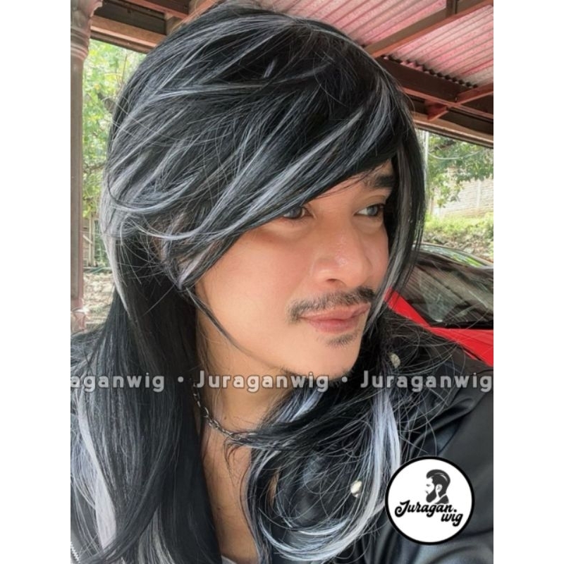 Wig Pria Highlight Rambut Palsu Pria Model Korea Panjang Highlight