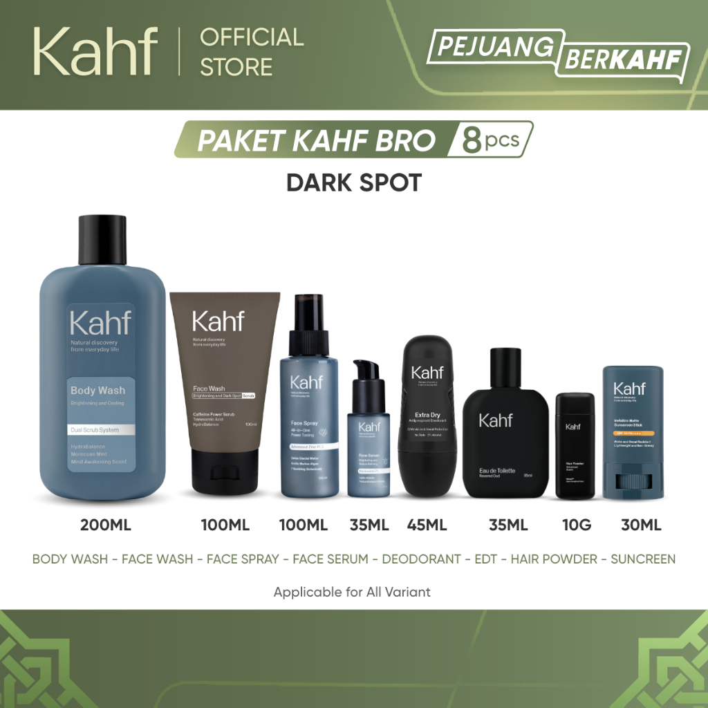 Paket Kahf Bro Isi 8 pcs - EDT, Deodorant, Face Wash, Serum, Face Spray, Sunscreen, Pomade, & Body W