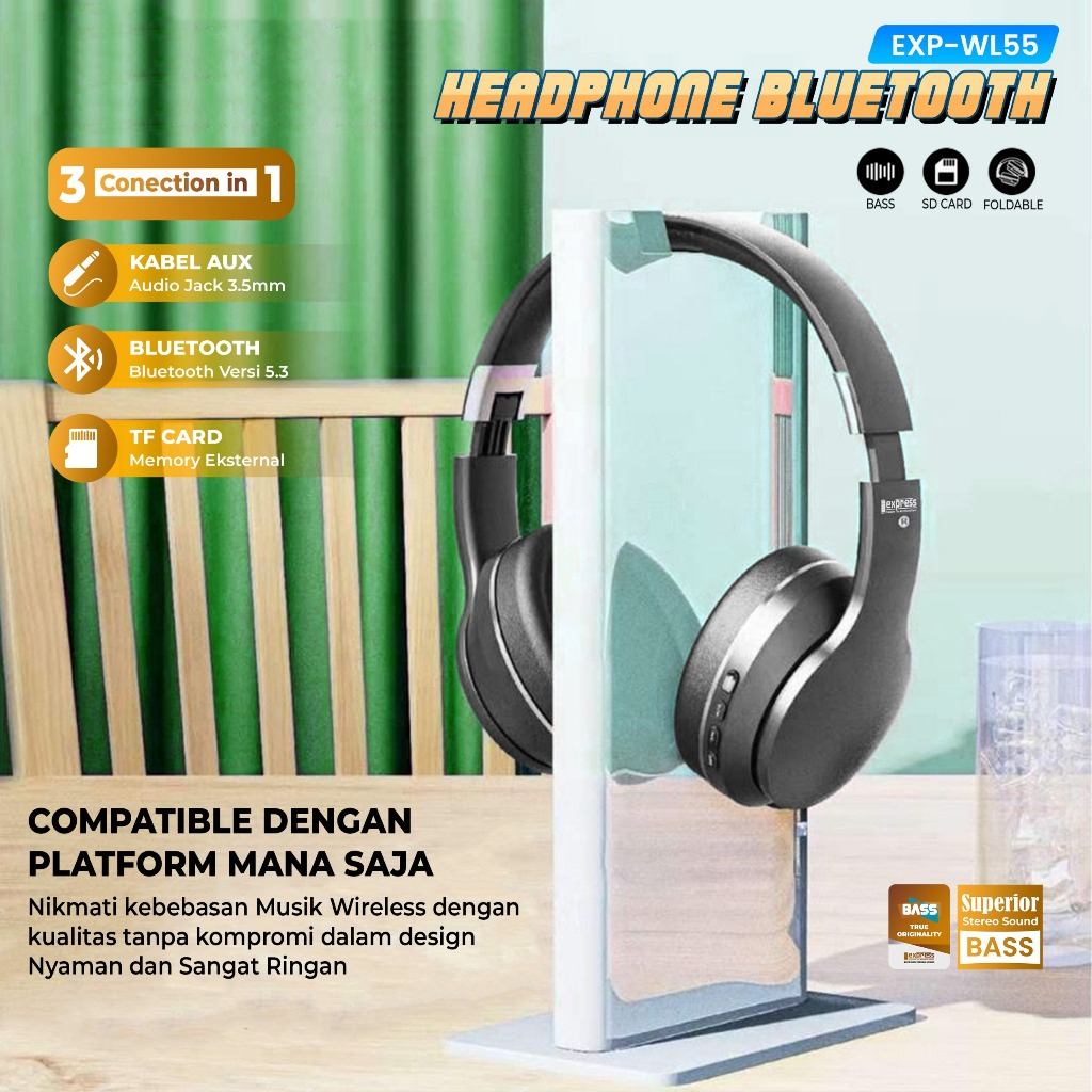 HEADPHONE BANDO BLUETOOTH WIRELESS EXP-WL55 / EARPHONE BLUETOOTH SUPERBASS FREE KABEL CHARGER + KABE