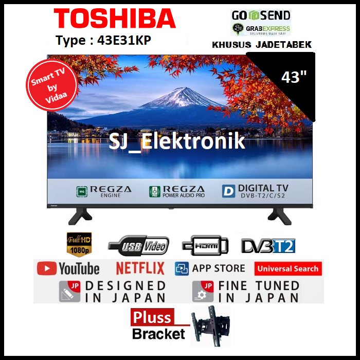 Braket + Toshiba 43E31KP Smart TV by VIDAA Full HD DVB-T2 | LED TV 43 Inch