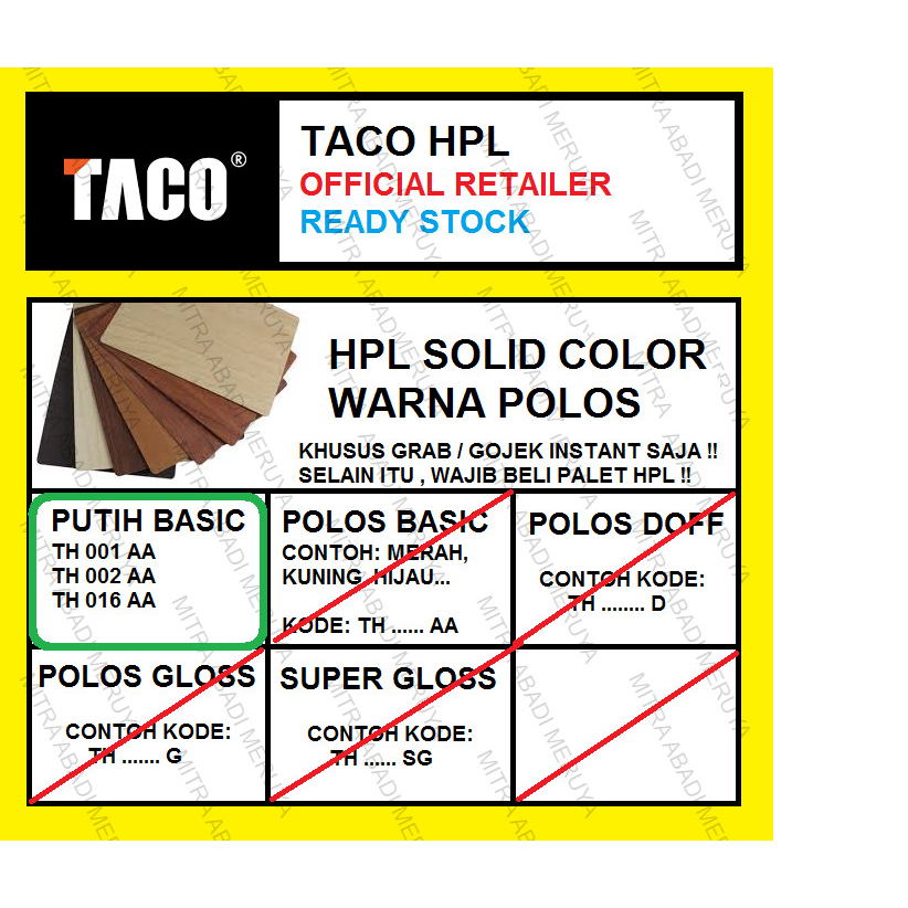 TACO HPL WARNA PUTIH POLOS KODE 001/002/016 AA