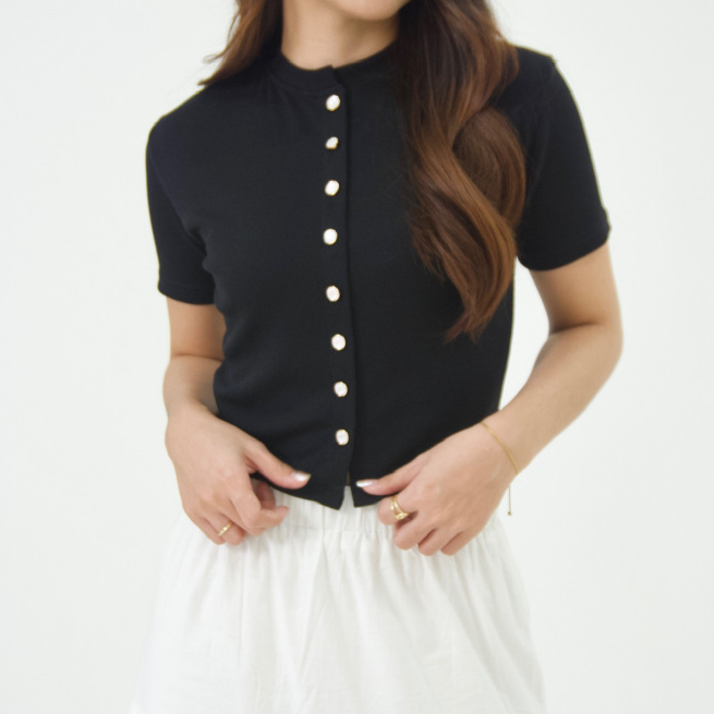 [COTTONBELLS] BAJU PREMIUM AVIERELY KNIT BUTTON PLAID TIED TOP (WF - B 13667)