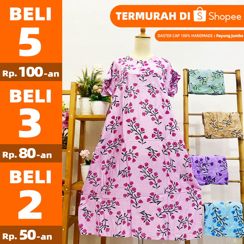 Daster Murah Model Payung JUMBO Rayon Katun 100% Handmade Motif Cap Langsung Konveksi Bs Pilih Warna