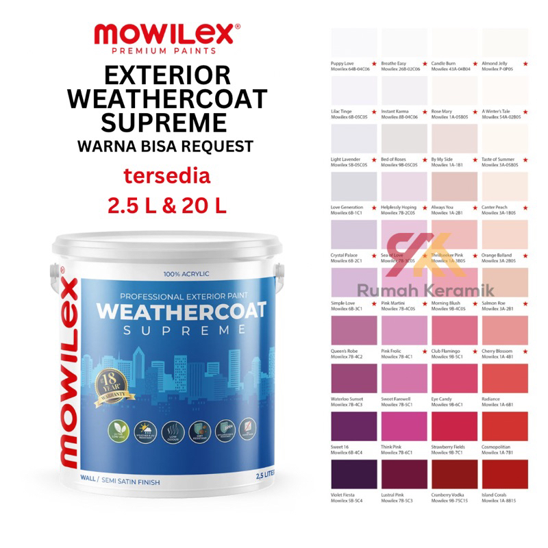 WEATHERCOAT SUPREME Mowilex Exterior Waterproof Paint 2.5 L & 20 L | Cat Tembok Exterior SEMI SATIN 