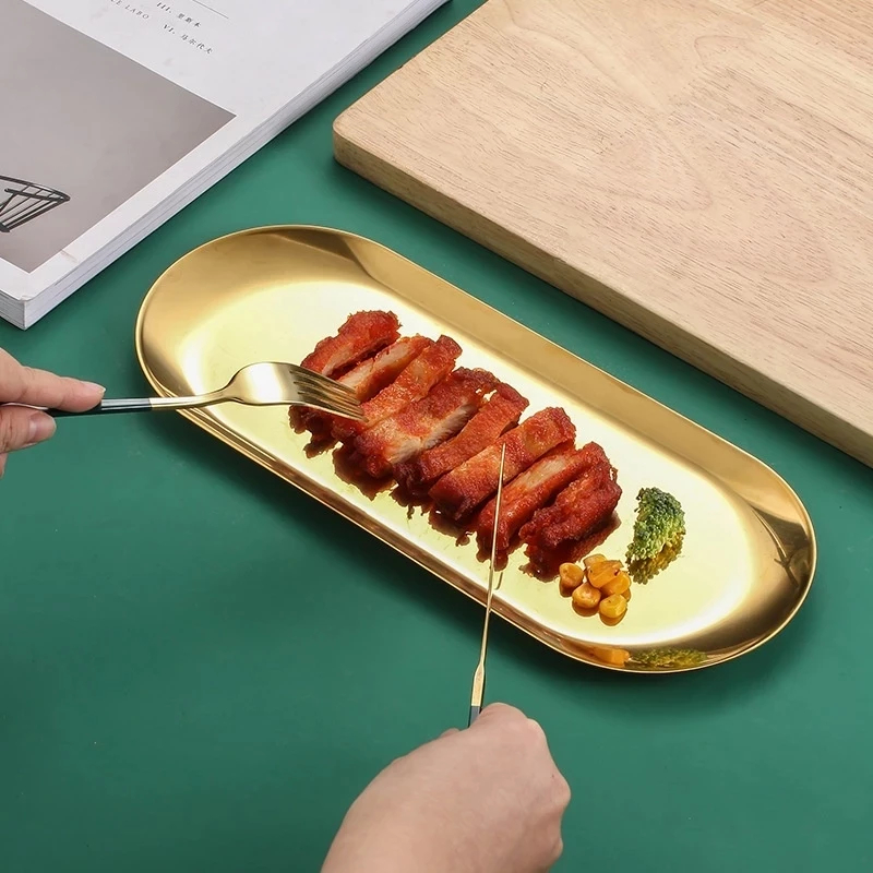 Piring Nampan Stainless Nampan Emas Piring Oval Besar Baki Gold Nampan Aesthetic Stainless