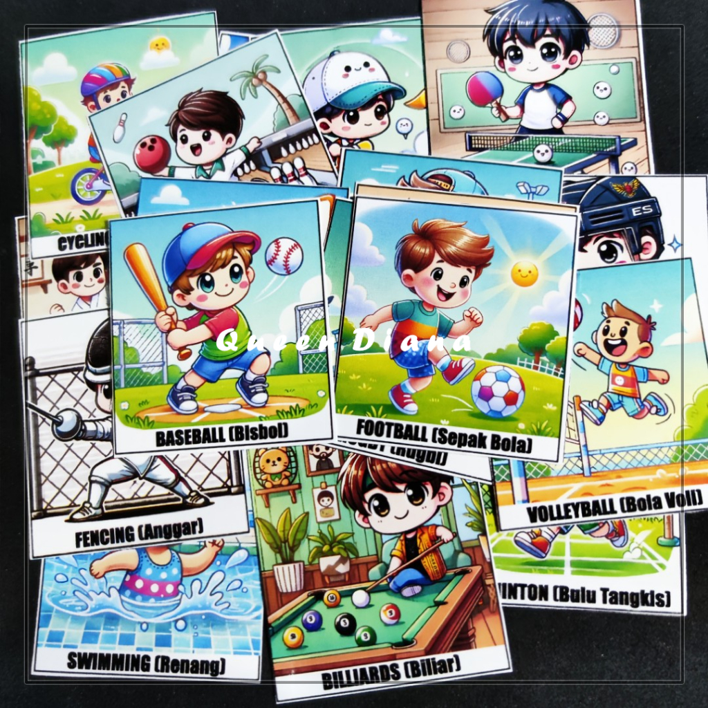 

isi 20 pcs stiker jenis-jenis olah raga warna warni cute full color untuk pengenalan dan kreasi