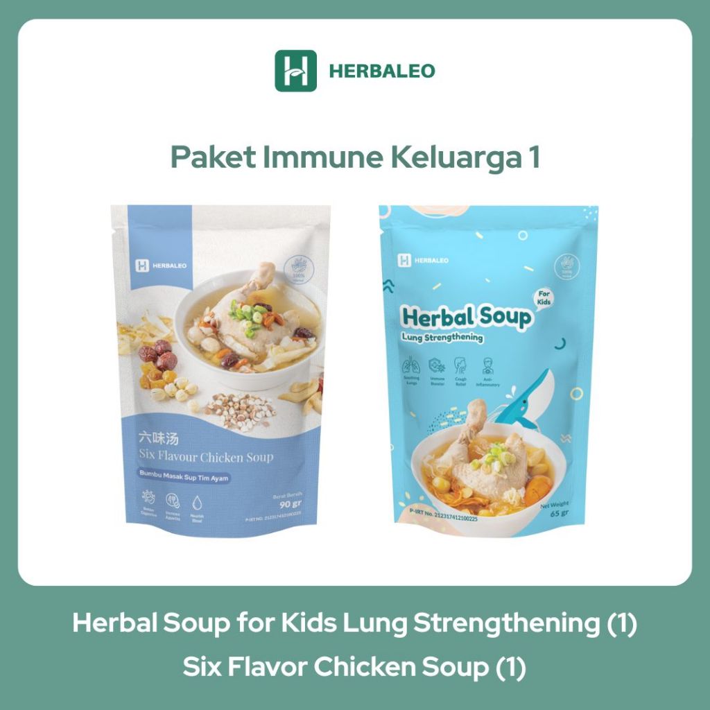 

Herbaleo Paket Immune Keluarga 1 Six Flovar Chicken Soup 90g + Sup Herbal Soup For Kids 65g