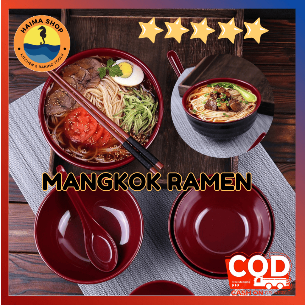 MANGKOK RAMEN HITAM MERAH 15 CM / MANGKOK SUP / MANGKOK MELAMIN PREMIUM