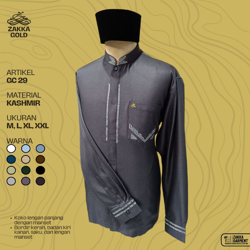 Baju Koko Pria Lengan Panjang – Koko Premium Kashmir Bordir Elegan | Zakka Gold GC 29