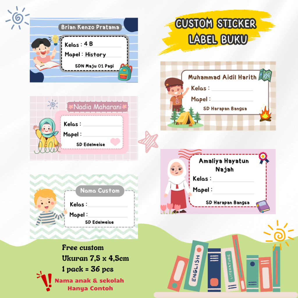 

Custom Stiker Label Nama Buku isi 36 pcs/Sticker Buku Anak / Sticker Nama Anak Sekolah/ Sticker Custom Nama Anak dan Sekolah
