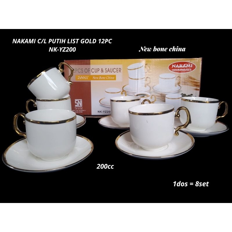 Nakami Cangkir Lepek Putih List Gold Flower 90cc 200cc Gx90 Ky90 Yz90 Ky200 Yz200 12pc