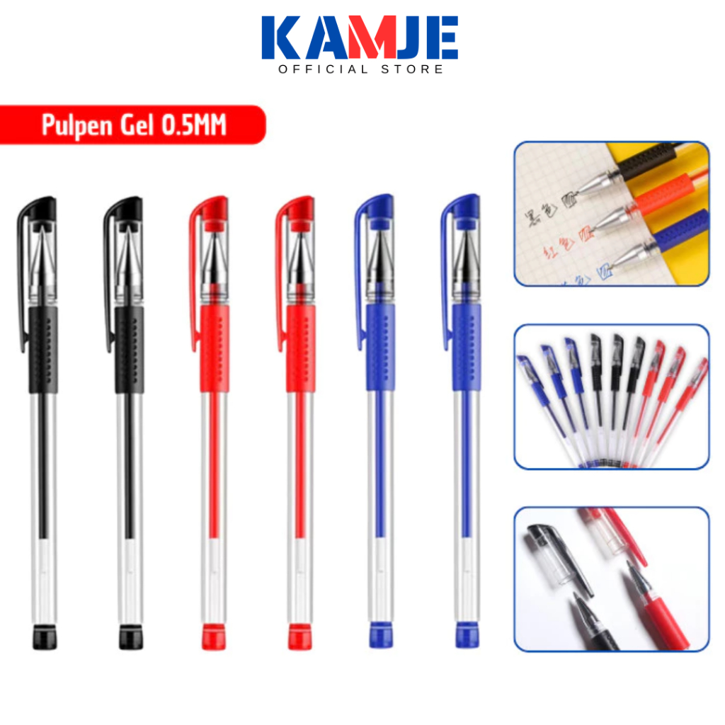 

KAMJE Pulpen Pena Bolpoin Bolpen Gel Ink 0.5mm Tinta Cair Standart Warna Merah Hitam Biru KMJ073