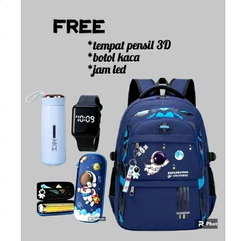 Ransel Sekolah anak sd smp karakter astronot fashion anak banyak bonus jam tangan botol minuman dan 