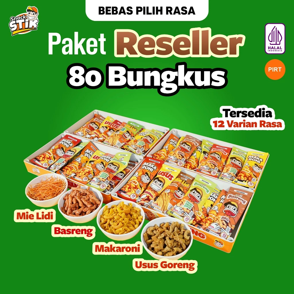 

Paket Reseller (Usaha) Dapat 80 Bungkus Ukuran 25gr Varian Basreng, Mie Lidi, Makaroni, Usus Krispi