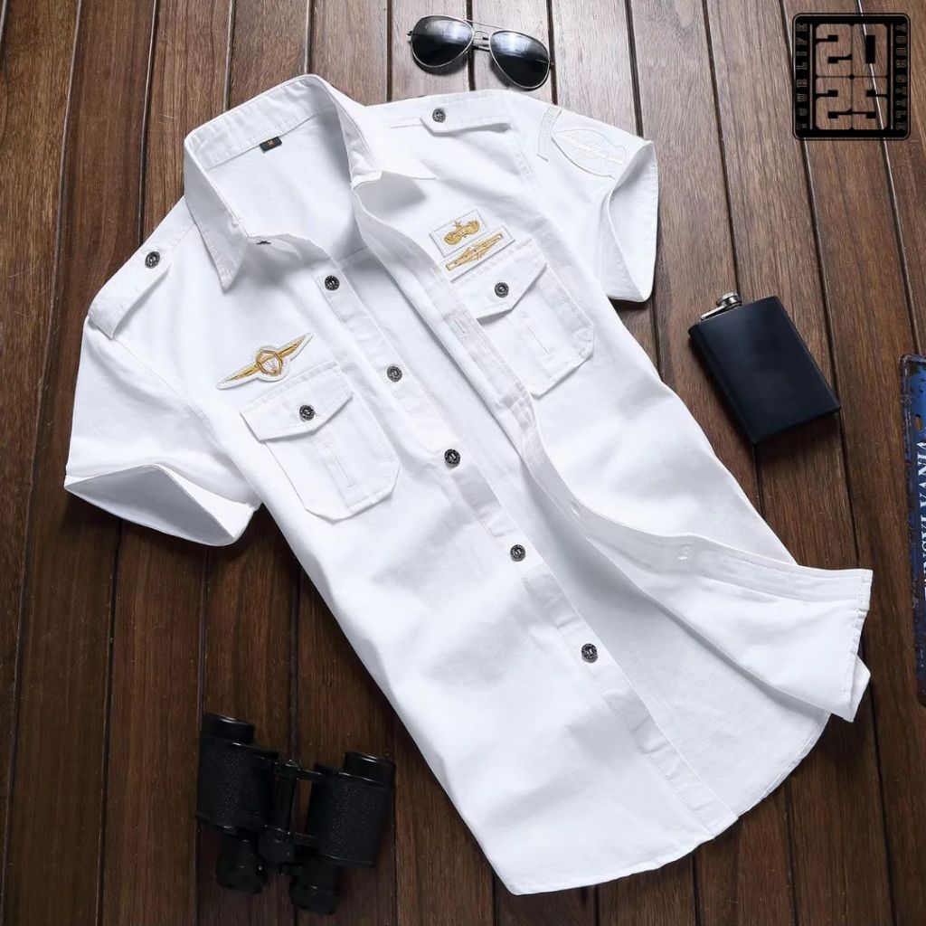 Kemeja Tactical Pria Putih Bordil / Kemeja Tactical / Kemeja Tactical Pria / Kemeja Tactical Lengan 