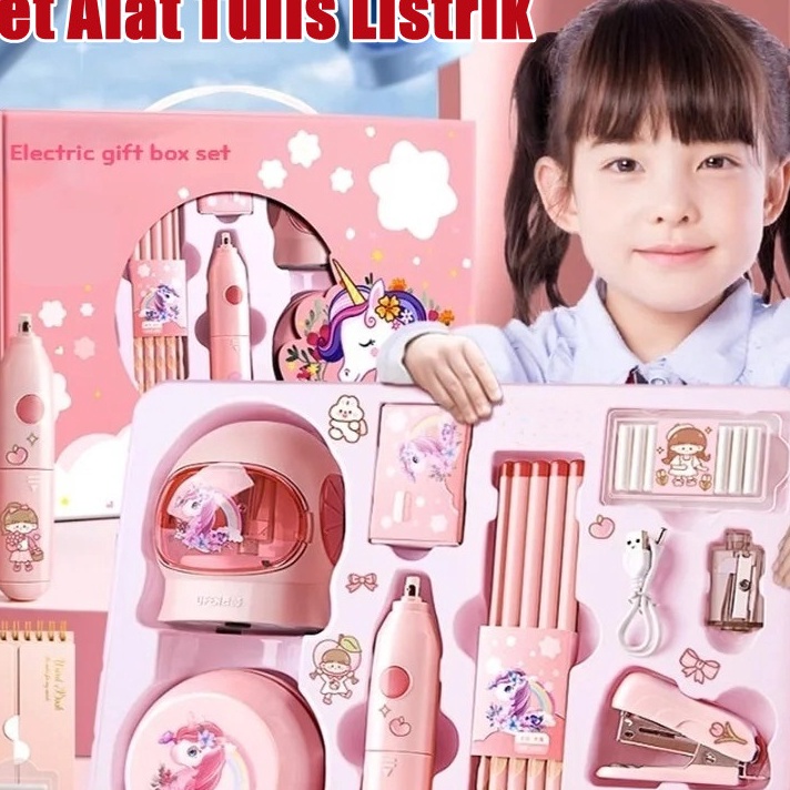 

11 in 1 Alat Tulis Elektrik Rautan Penghapus Vacuum Pensil Anak Alat Perkakas Belajar Anak Perempuan Kado Electric Stationery Set