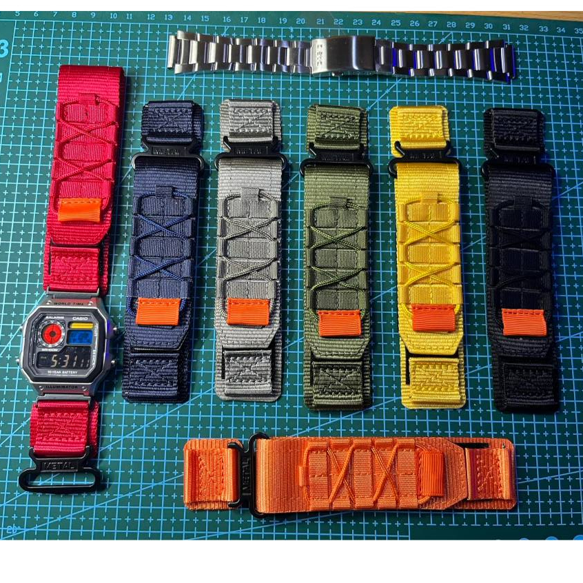 Modified jam tangan pria Casio AE-1200, colorful polarised LCD, case and elastic nato strap with bla