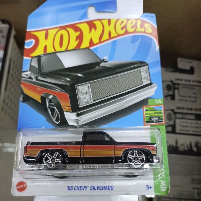 Hotwheels '83 Chevy Silverado Black Orange Red HW Slammed Squarebody Pickup Truck American Chevrolet