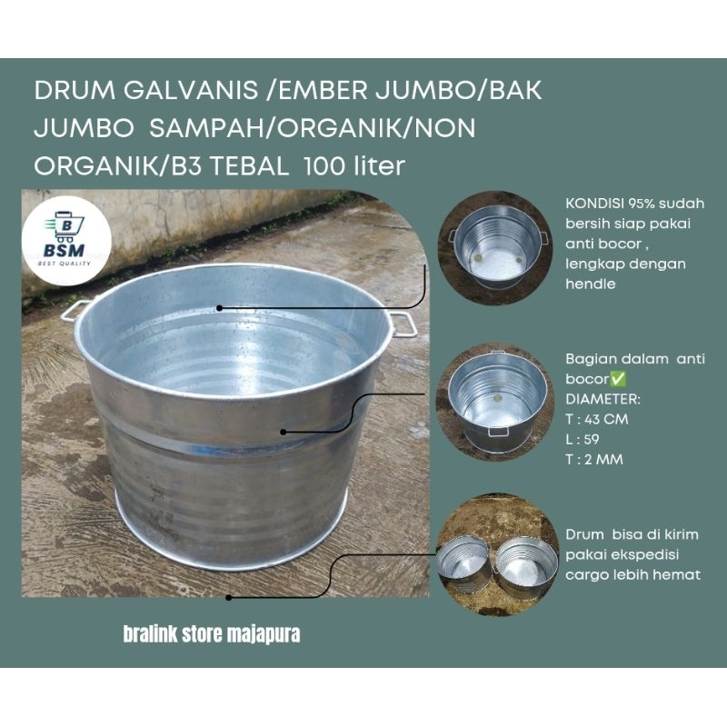 tong sampah/drum galvanis/tempat masak air/tempat godogan jumbo besar kapasitas 100 liter tebal 2 mm