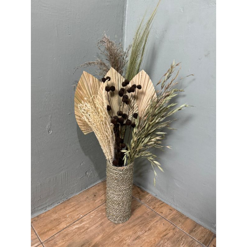 Set bunga kering dan vas natural tinggi 20 cm sudut ruang tamu/vas meja mini dekorasi Rustic