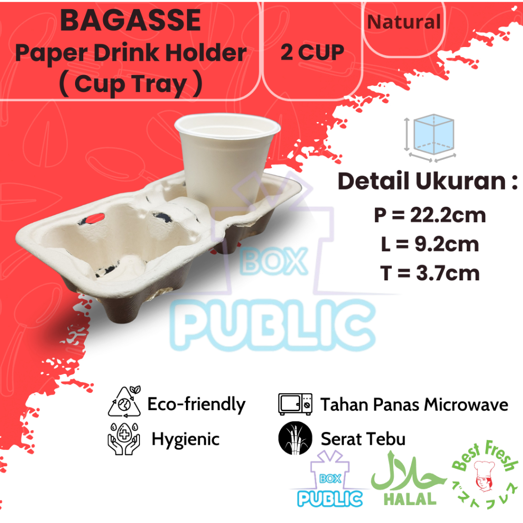 Bagasse 2 Cup  Tray NATURAL - Nampan Minuman Gelas isi 2 Cup Paper 2 Cup Holder 2 in 1 Natural