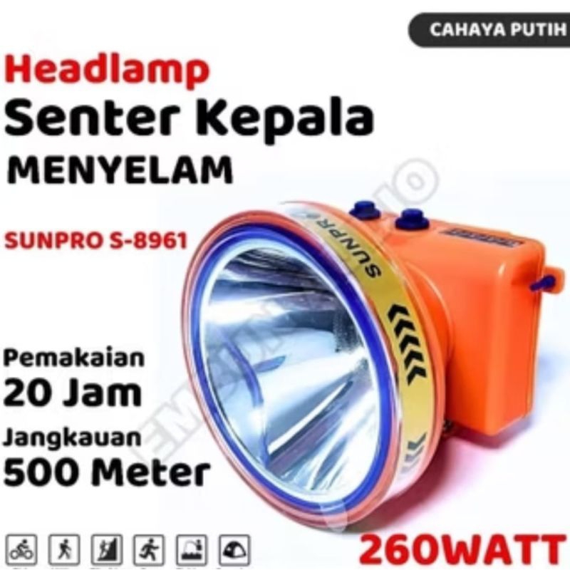 Senter kepala menyelam sunpro s-8961 260watt senter kepala selam cahaya putih