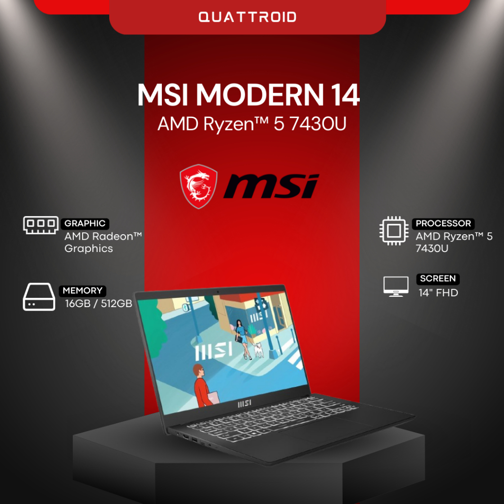 MSI MODERN 14 RYZEN 5 7430 - RAM 8GB / 512GB - WINDOWS 11 + OHS - GARANSI RESMI