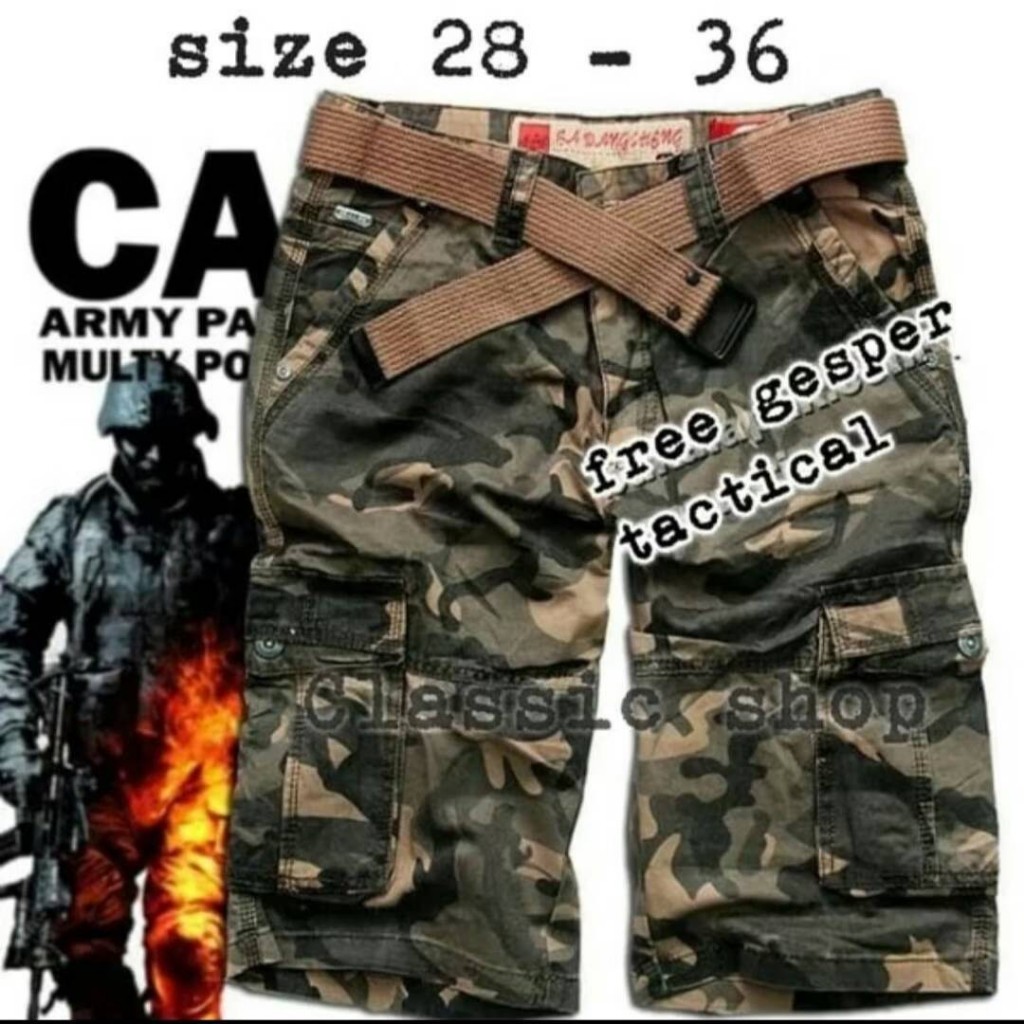 CELANA PENDEK PRIA LORENG CARGO IMPORT - BAWANG CHENG /ARMY PDL FASHION - GRATIS SABUK