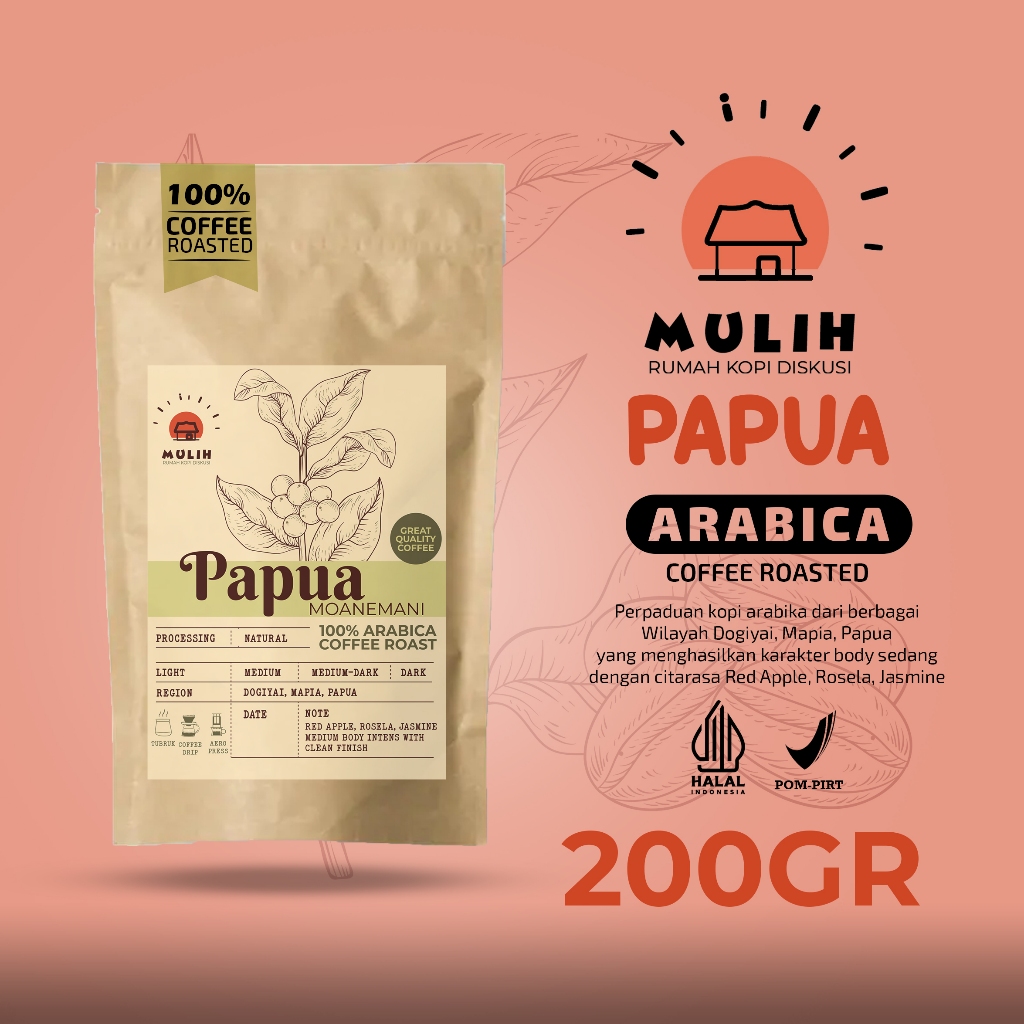 

Biji Kopi Bubuk Arabika Papua Moanemani Arabica Coffee Roast Bean Mulih 200Gram