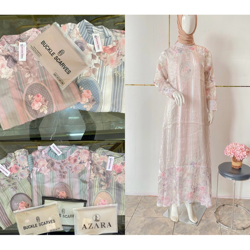 Dresdewasa+hijab-bahan sutra organza-motif salur bunga-gamis mewah