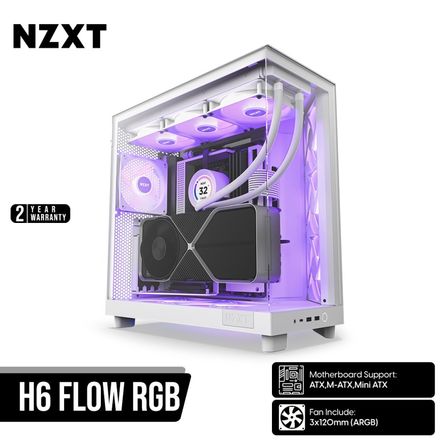 Casing PC Komputer NZXT H6 H-6 Flow RGB | Mid Tower | ATX Case | 3 Fan RGB | White Putih