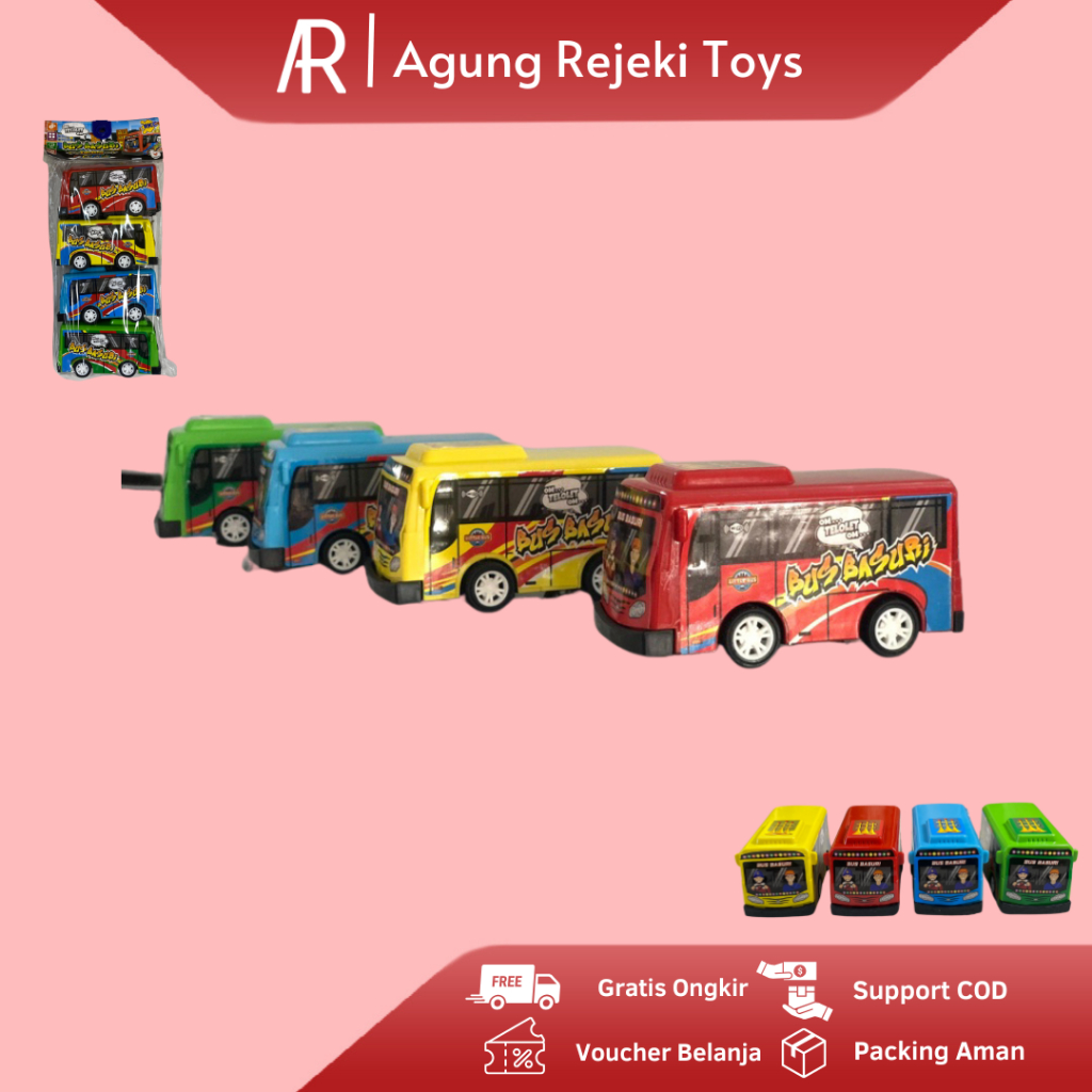 Mainan Bus Basuri Mini 4 Pcs Kantong RKC 022362 / Bus Basuri Gandeng Om Telolet Om Murah Pullback