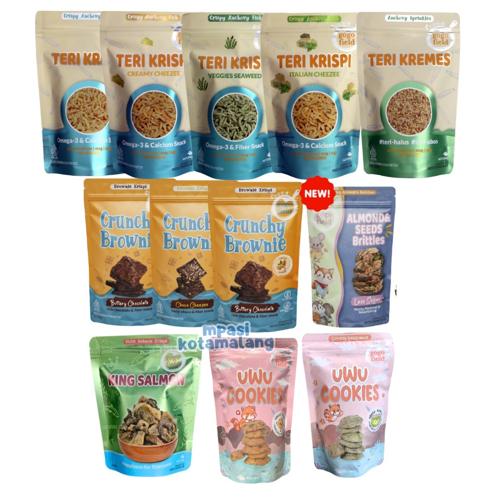 

GOGOFIELD TERI KREMES 100G/TERI KRIPSI 30G/ CRUNCHY BROWNIE 50G/ KING SALMON/ CRUNCHY TEMPEH/ ALMOND SEEDS BRITTLES/UWU COOKIES SNACK TERI MPASI NON MSG