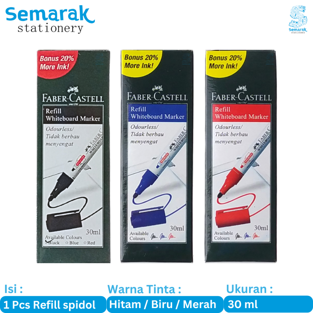 

Faber Castell Refill Whiteboard Marker Tinta Isi Ulang Spidol 30 ml - Hitam / Biru / Merah